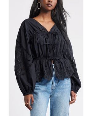 Treasure & Bond Long Sleeve Cotton Eyelet Top - Black