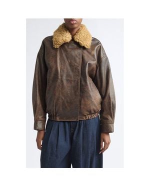 R13 Leather Bomber Jacket With Removable Genuine Shearling Collar - Brown