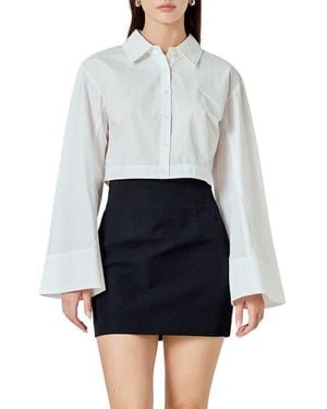 Endless Rose Flare Sleeve Cotton Crop Button-Up Shirt - White