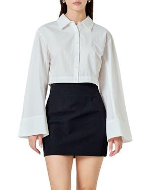 Endless Rose Flare Sleeve Cotton Crop Button-Up Shirt - White