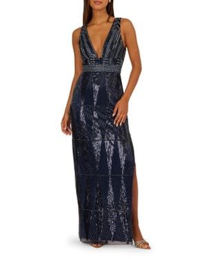 Aidan Mattox Plunge Neck Beaded Gown - Blue
