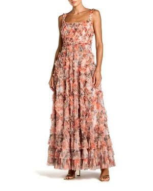 Mac Duggal Floral Mesh Sleeveless A-Line Micro Ruffle Gown | Lyst