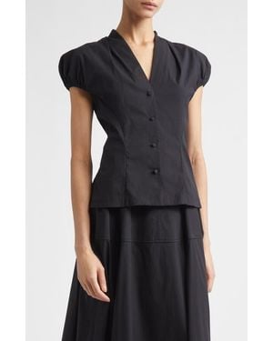 Lela Rose Cotton Poplin V-Neck Button-Up Shirt - Black