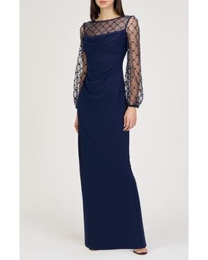 JS Collections Risha Metallic Floral Appliqué Detail Long Sleeve Crepe Column Gown - Blue