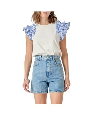 English Factory Mix Media Ruffle T-Shirt - Blue