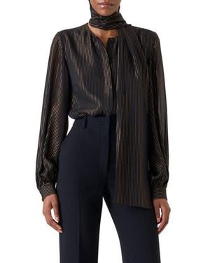 Akris Metallic Stripe Silk Georgette Scarf Button-Up Shirt - Black