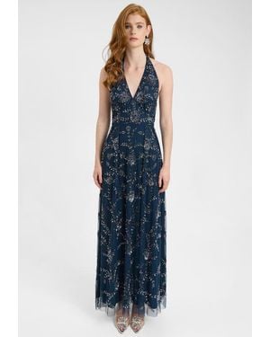 Beauut Embellished Sequin Beaded Maxi Dress With Halter Neck With Deep V-Cut - Blue
