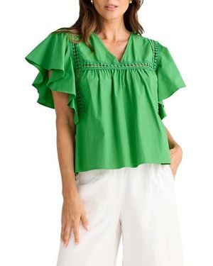 Brave+True Marcia Flutter Sleeve Cotton Poplin Shirt - Green