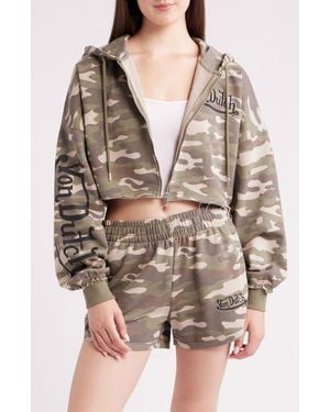 Von Dutch Camo Logo Cropped Full Zip Hoodie - Brown