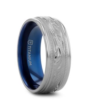 Larson Jewelers Mariner Titanium Milgrain Engraved Finish Wedding Ring - Blue