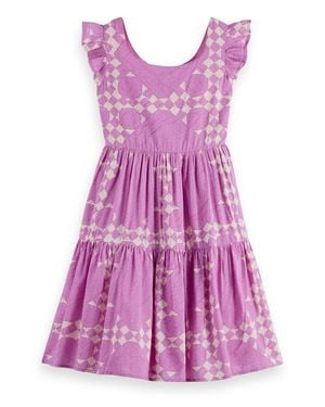 Scotch & Soda Kids' Patchwork Print Cotton & Modal Tiered Dress - Purple