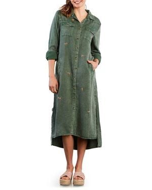 Billy T Upstate Floral Embroidered Long Sleeve High-Low Chambray Shirtdress - Green