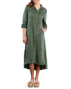 Billy T Upstate Floral Embroidered Long Sleeve High-Low Chambray Shirtdress - Green