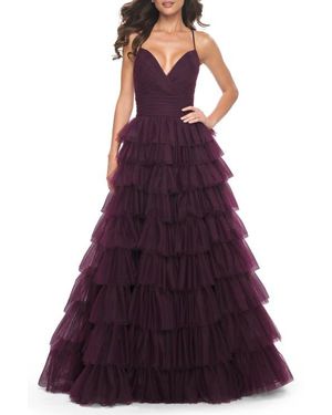 La Femme A-Line Ruffle Tulle Gown With High Slit And Lace Up Back - Purple