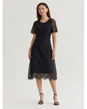 Misook Fit & Flare Lined Laced Mixed Media Midi Dress - Blue