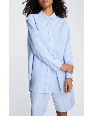 Kenneth Cole Long Linen Blend Button-Up Shirt - Blue