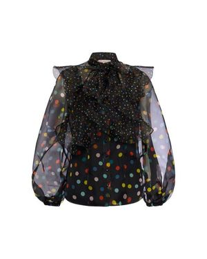 Maison Common Printed Silk Organza Blouse With Flounces Polka Dot Print - Black