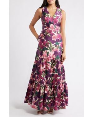 Sachin & Babi Rori Floral Sleeveless Mikado Gown - Red