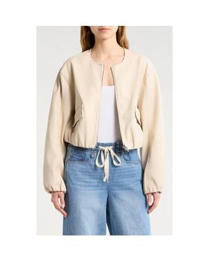 Blank NYC Faux Leather Coated Collarless Bomber Jacket - Natural