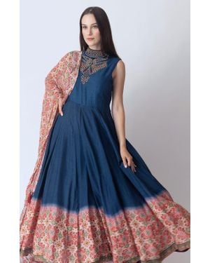 Ras Myka Embroidered High Neck Gown - Blue