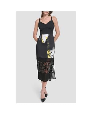 DKNY Mesh & Sequin Paneled Midi Skirt - Black