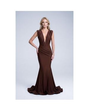 Jessica Angel Ruched Plunge Pleated Sleeveless Mermaid Gown - Brown