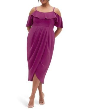 City Chic Flirtation Ruffle Off The Shoulder Cocktail Dress - Purple