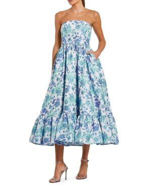 mac duggal blue strapless brocade midi dress with pockets Blue Strapless Brocade Midi Dress