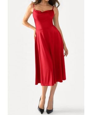 Popilush Shapewear Strappy Cowl Neck Vacation & Date Night Fit & Flare Midi Dress - Red