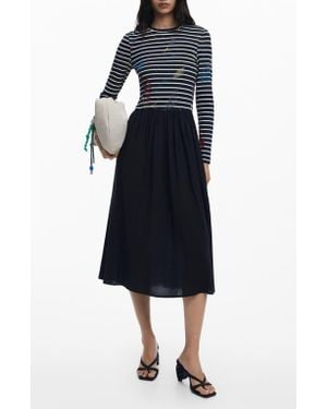 Desigual Long Sleeve Mixed Media Midi Dress - Blue
