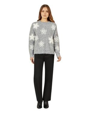 Yumi' Crochet Flower Knit Sweater - Gray