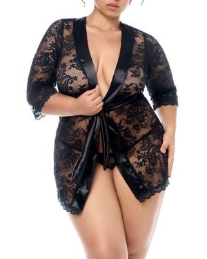 MAPALE Lace Robe & Thong Set - Black