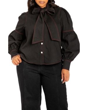 Buxom Couture Bow Neck Puff Shoulder Denim Shirt - Black