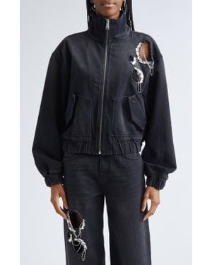 Area Crystal Chain Cutout Denim Bomber Jacket - Black