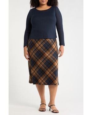 Connected Apparel Mixed Media Long Sleeve Midi Dress - Blue