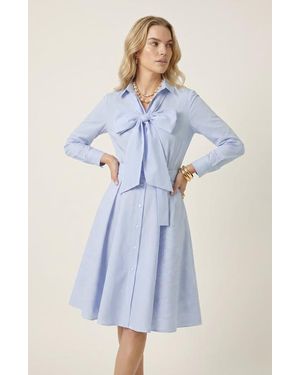 Modenaire Striped Tie Neck Bow Waist Belt Shirt Dress - Blue