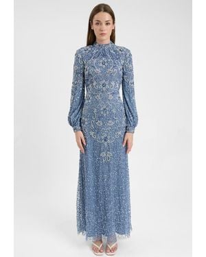 MARYISA Modest Embellished Sequin Beaded Dress Maxi With Cuff Sleeves - Blue