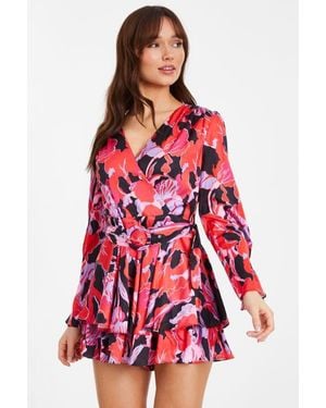 Quiz Long Sleeve Wrap Romper - Red