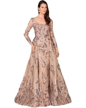 LARA New York Long Sleeve Lace Gown With Overskirt - Natural