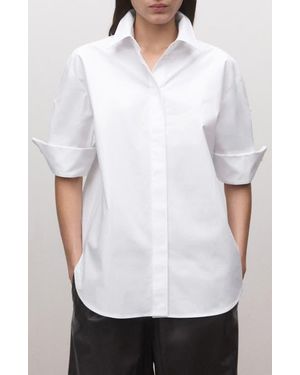Mango Three-Quarter Sleeve Cotton Button-Front Shirt - White