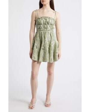 Moon River Embroidered Shirred Fit & Flare Minidress - Green
