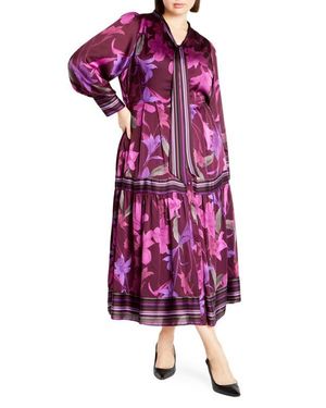 City Chic Amiyah Floral & Stripe Long Sleeve Maxi Dress - Purple