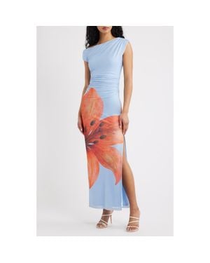 Line & Dot Avah Placed Floral One-Shoulder Mesh Maxi Dress - Blue