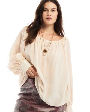 June + Vie Boat Neck Balloon Sleeve Blouse - Natural