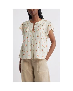 Treasure & Bond Floral Cotton Pintuck Flutter Sleeve Top - Natural