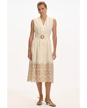 Exquise Mackenzie V Neck Belted Pocket Midi Dress - Natural