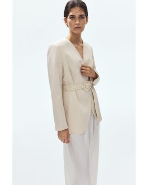 H&M Belted Lapelless Blazer - White