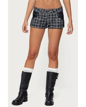 Edikted Carie Plaid Denim Shorts - Blue