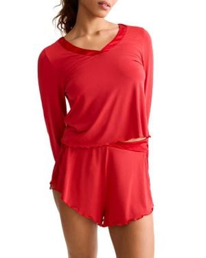 Fleur't Parisian Nights Lace Trim Short Pajamas - Red