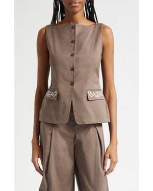 Stine Goya Embroidered Detail Canvas Vest - Brown